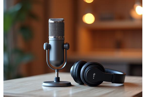 Μια κομψή εικόνα μικροφώνου podcast με ακουστικά, τοποθετημένα σε ένα τραπέζι με απαλό φωτισμό, που υποδηλώνει μια άνετη και ενημερωτική συζήτηση.
