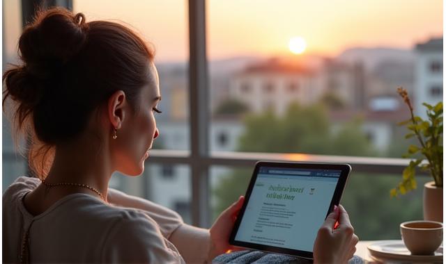 Γυναίκα που διαβάζει άνετα ένα blog υγείας σε tablet