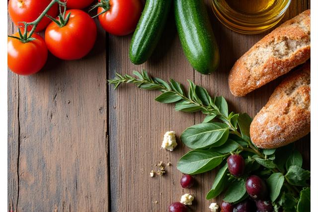 Μια φωτεινή και ζωντανή απεικόνιση ενός ελληνικού τραπεζιού με πιάτα γεμάτα φρέσκα, υγιεινά τρόφιμα, όπως φρούτα, λαχανικά και ελαιόλαδο. Το φως πέφτει απαλά, αναδεικνύοντας τη φρεσκάδα.